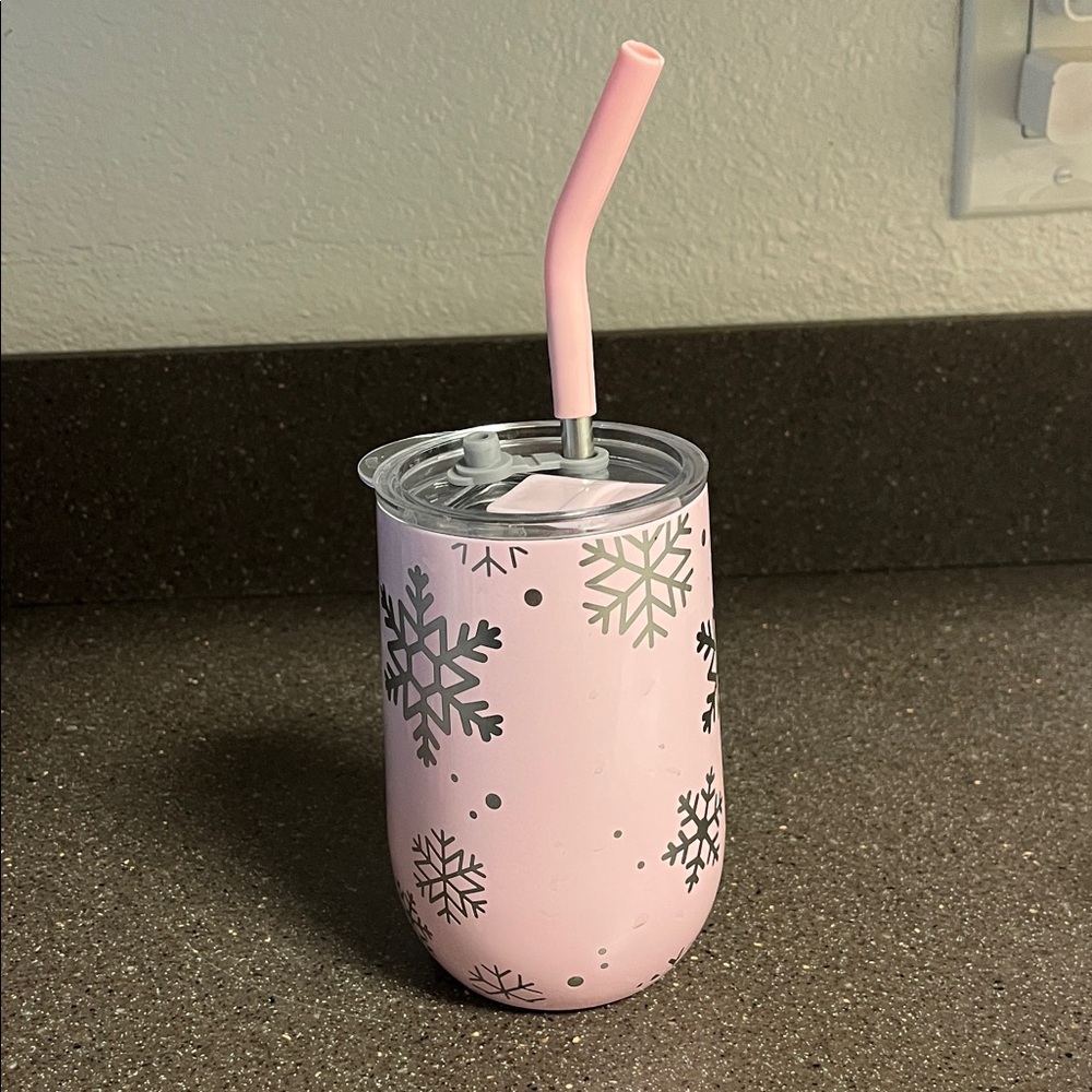 Pink Snowflake Insulated Tumbler with Straw